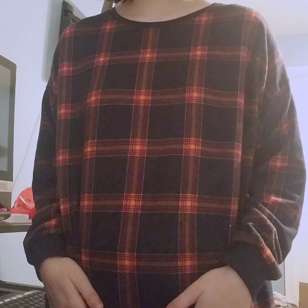 Dark blue red yellow plaid striped shirt sweater